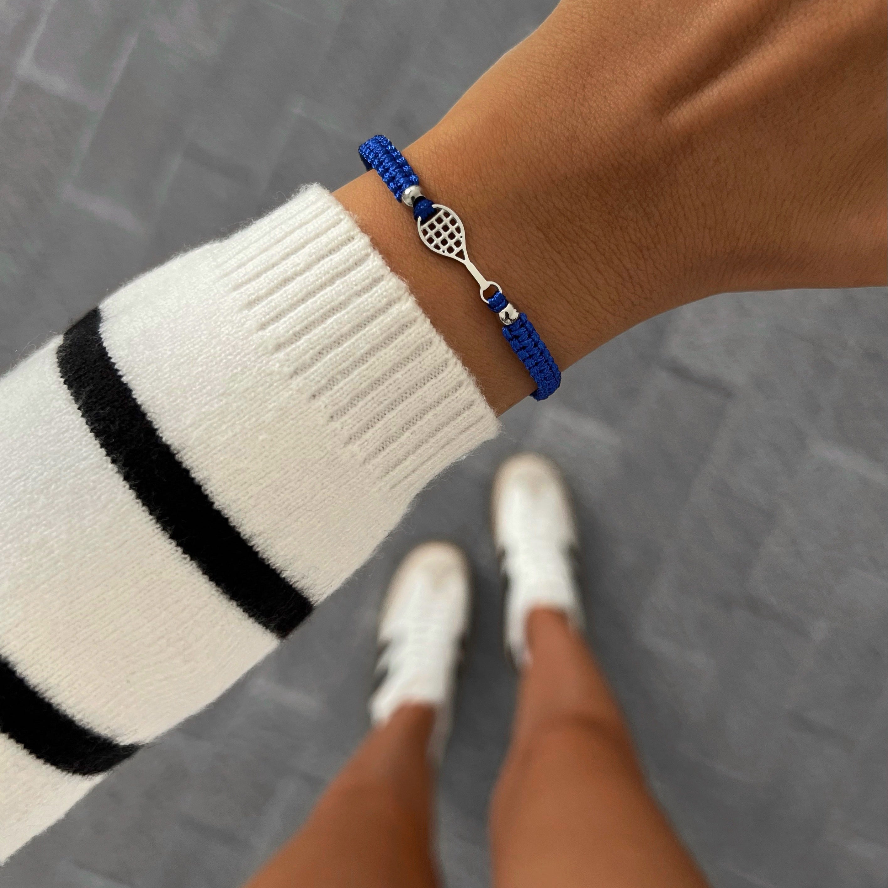 Silver Tennis Court Blue Braided Bracciale