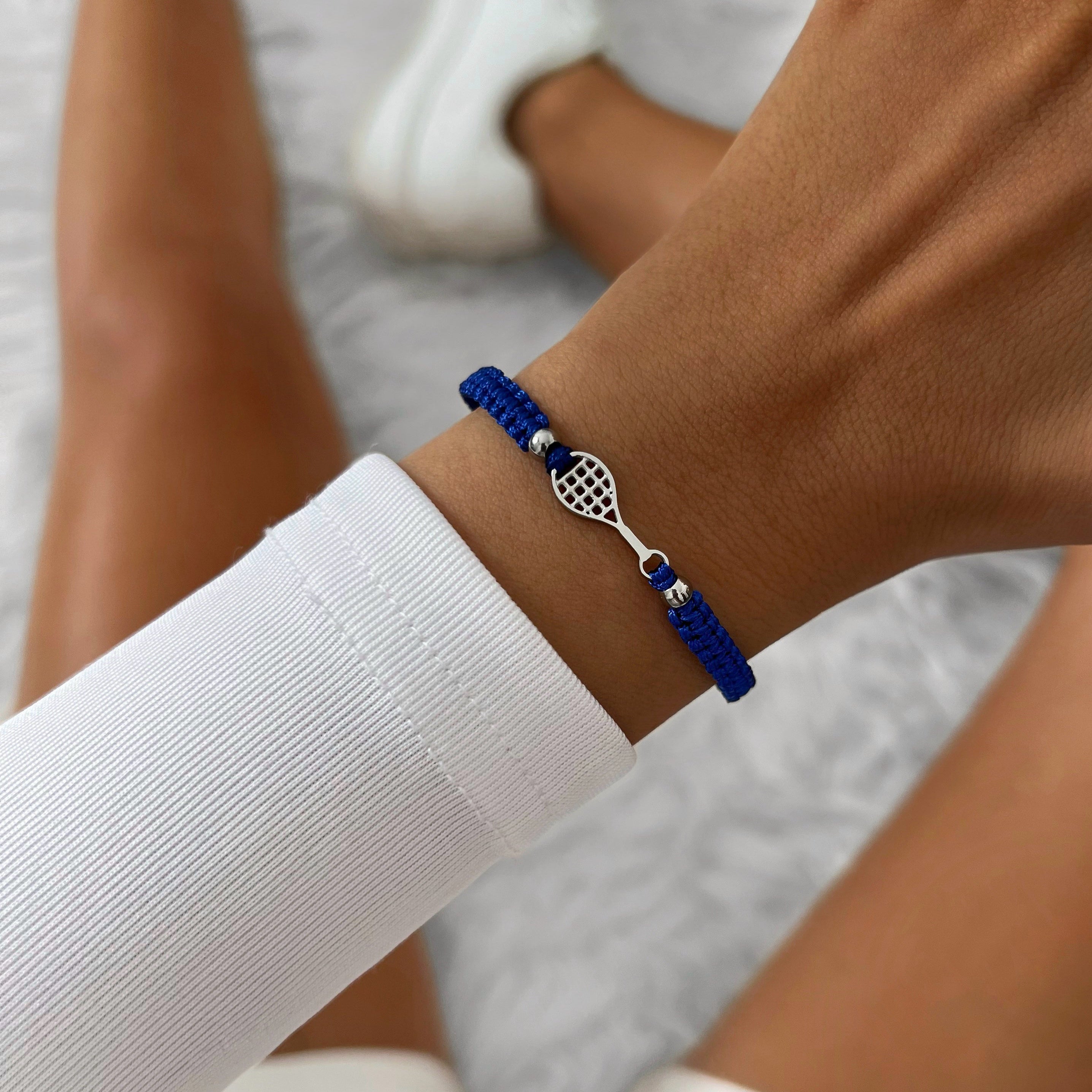 Silver Tennis Court Blue Braided Bracciale