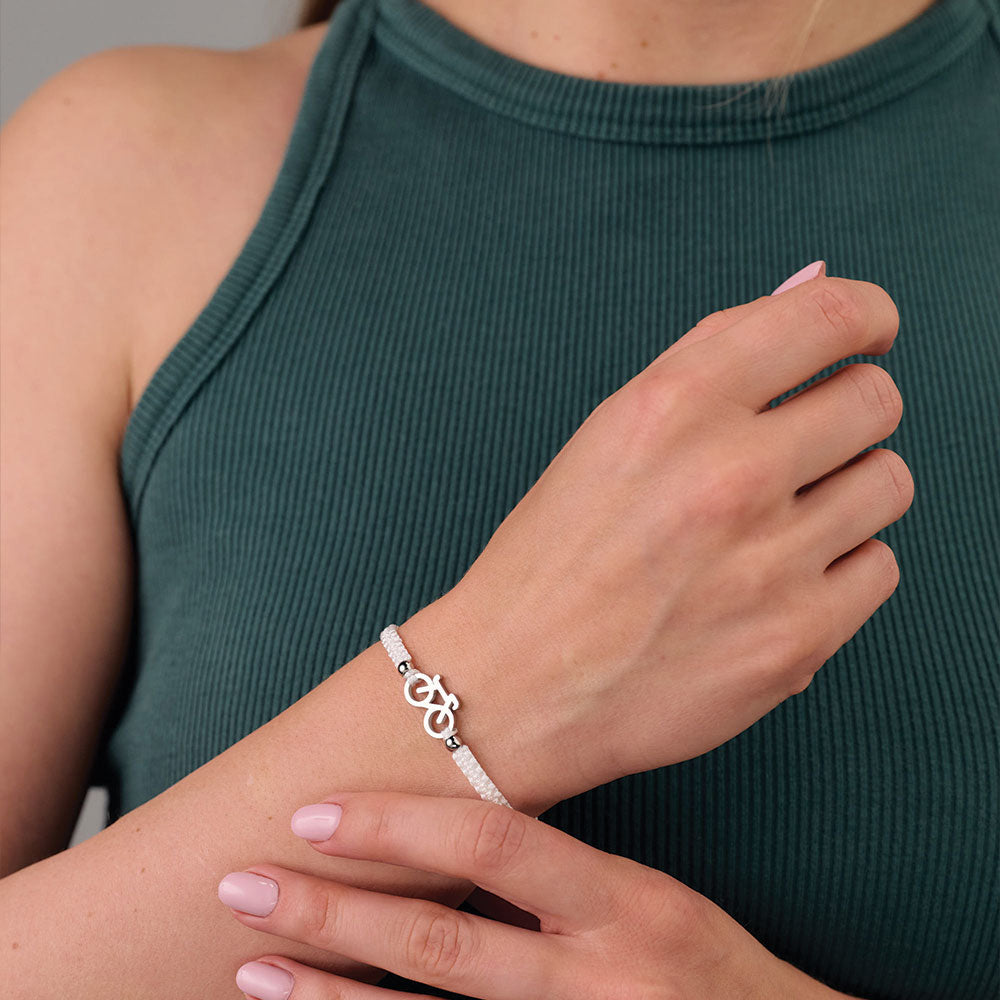 Silver Bike White Braided Pulsera