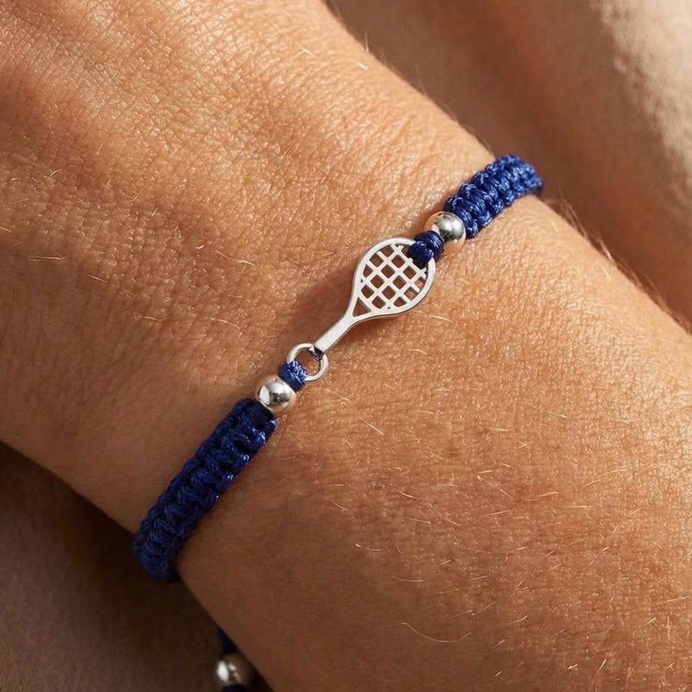Silver Tennis Court Blue Braided Pulsera