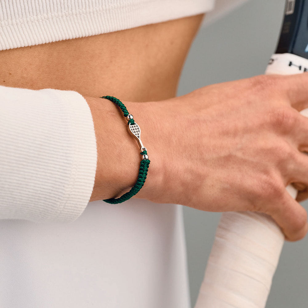 Silbernes Tennis Dunkelgrünes Geflochtenes Armband