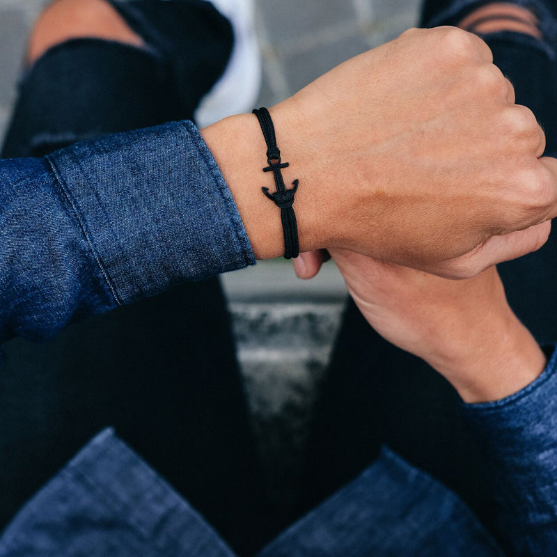 Men Bracelet - Black Leather Anchor Wrap Bracelet – 3just3